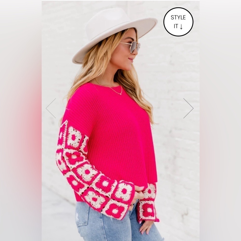 Pink Lily Fuchsia Crewneck Sweater with Crochet-Pattern Balloon Sleeves - Picture 3 of 16